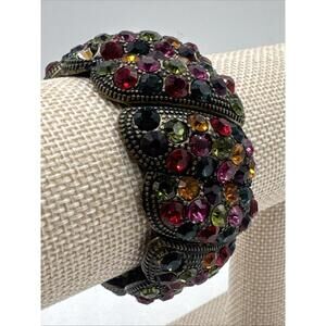 Vintage Multicolor Jewel 6 Rows Rhinestone Brass Stretch Bracelet Cuff Bohemian